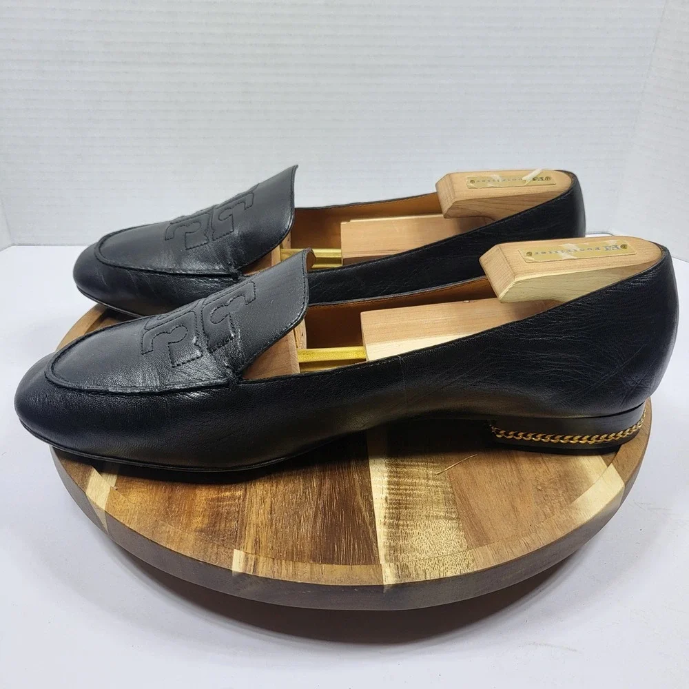 Tory Burch‎ Women's 10.5M Ruby Black Leather Chain Heel Embossed Logo Loafers
